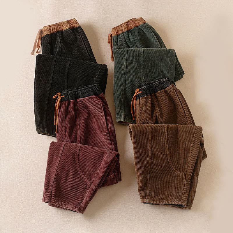 Buddha Stones Color Contrast Corduroy Cotton Women's Thermal Fleece-Lined Harem Pants With Pockets - image 20