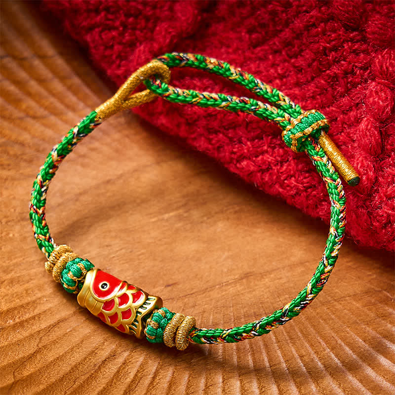 Buddha Stones Koi Fish Luck Hand-Woven String Bracelet - Green With Koi Fish Accessory - image 0