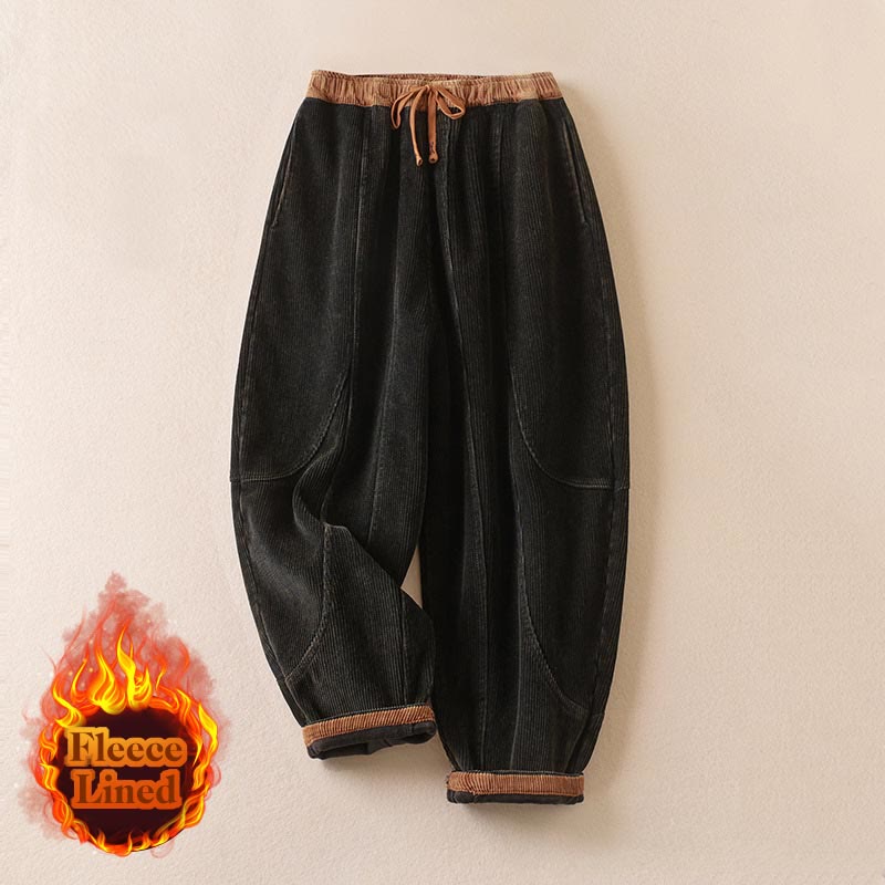Buddha Stones Color Contrast Corduroy Cotton Women's Thermal Fleece-Lined Harem Pants With Pockets - image 8