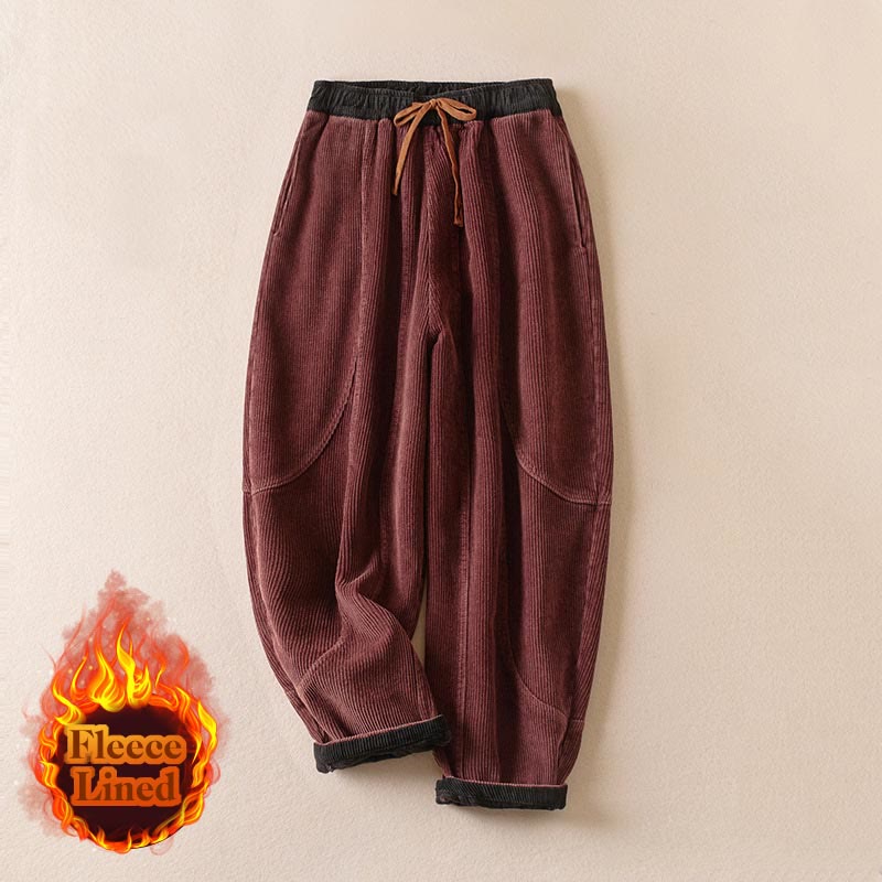 Buddha Stones Color Contrast Corduroy Cotton Women's Thermal Fleece-Lined Harem Pants With Pockets - image 29