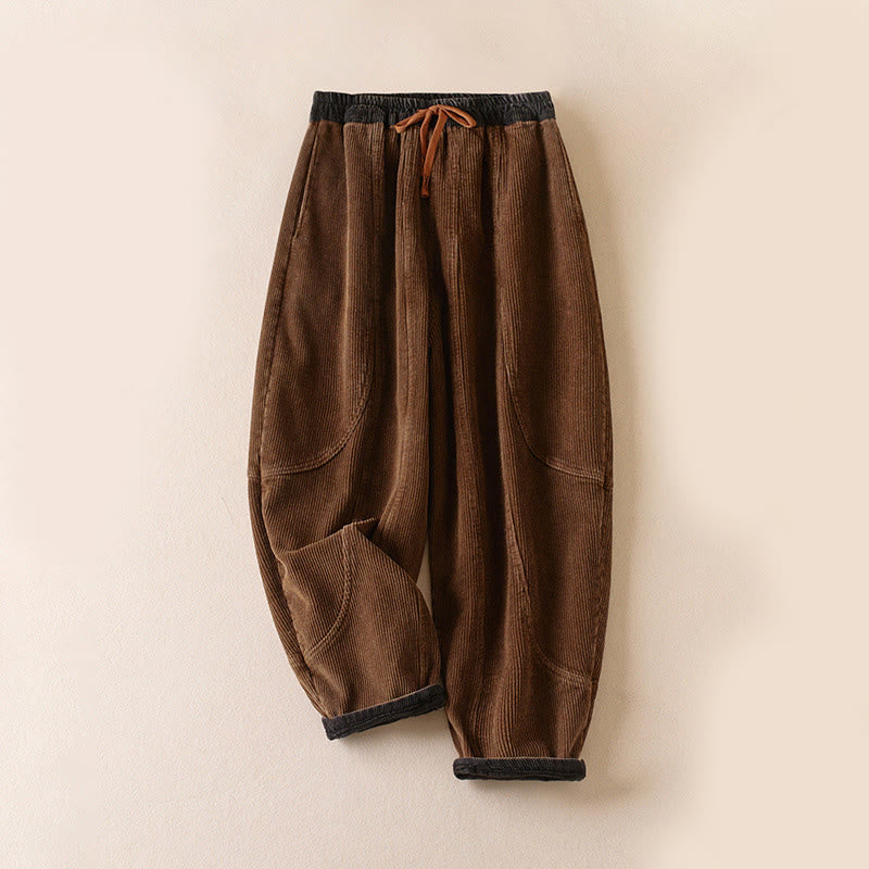 Buddha Stones Color Contrast Corduroy Cotton Women's Thermal Fleece-Lined Harem Pants With Pockets - Fleece-Lined Version - SaddleBrown - US16，UK/AU20，EU48 (3XL) - image 13