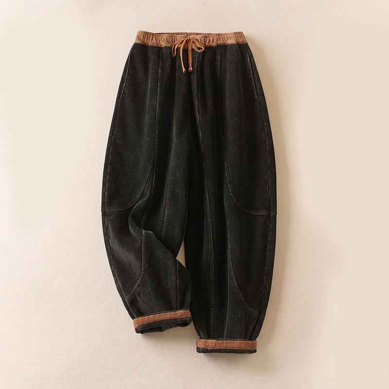Buddha Stones Color Contrast Corduroy Cotton Women's Thermal Fleece-Lined Harem Pants With Pockets - Fleece-Lined Version - Black - US16，UK/AU20，EU48 (3XL) - image 6
