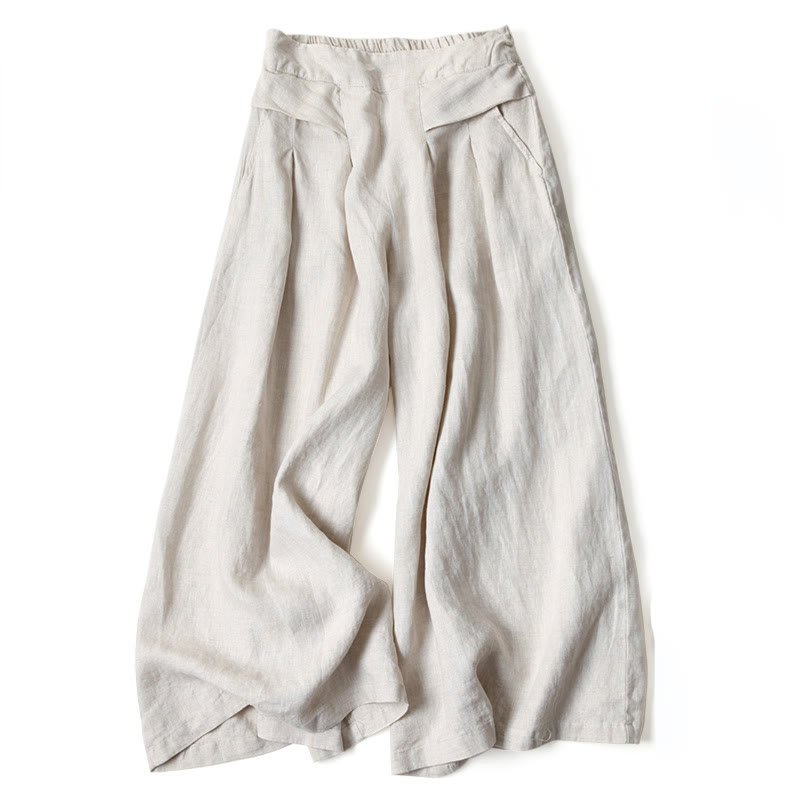 Buddha Stones Plain Color Cotton Linen High Waist Wide Leg Pants With Pockets - Beige - US16，UK/AU20，EU48 (3XL) - image 10