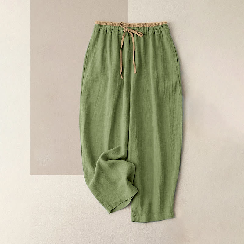 Buddha Stones Casual Solid Color Cotton Linen Drawstring Women's Pants With Pockets - LightGreen - US16，UK/AU20，EU48 (3XL) - image 8