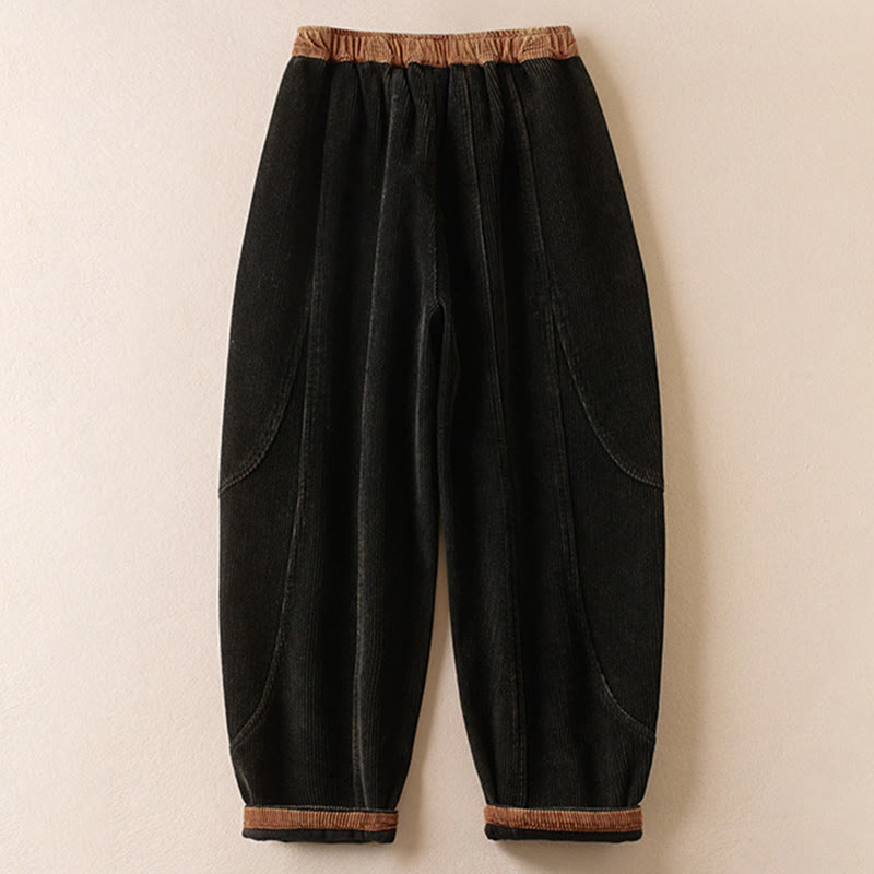 Buddha Stones Color Contrast Corduroy Cotton Women's Thermal Fleece-Lined Harem Pants With Pockets - image 7