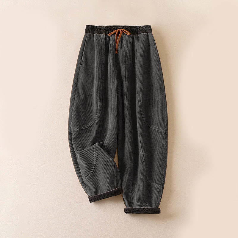 Buddha Stones Color Contrast Corduroy Cotton Women's Thermal Fleece-Lined Harem Pants With Pockets - Fleece-Lined Version - Gray - US16，UK/AU20，EU48 (3XL) - image 24