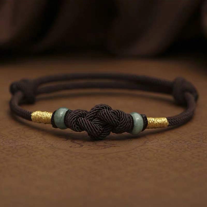 Buddha Stones Red String Jade Luck Fortune Knot Braided Couple Bracelet Bracelet BS Brown String&Jade(Wrist Circumference 14-22cm)
