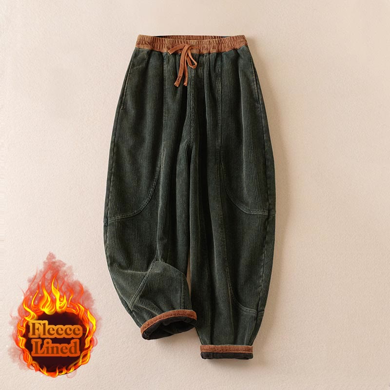 Buddha Stones Color Contrast Corduroy Cotton Women's Thermal Fleece-Lined Harem Pants With Pockets - image 2
