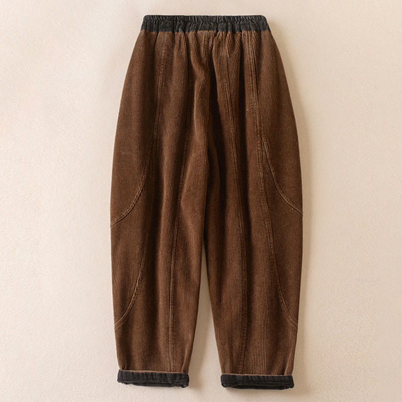Buddha Stones Color Contrast Corduroy Cotton Women's Thermal Fleece-Lined Harem Pants With Pockets - image 14