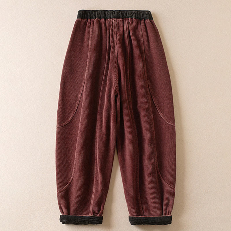 Buddha Stones Color Contrast Corduroy Cotton Women's Thermal Fleece-Lined Harem Pants With Pockets - image 28