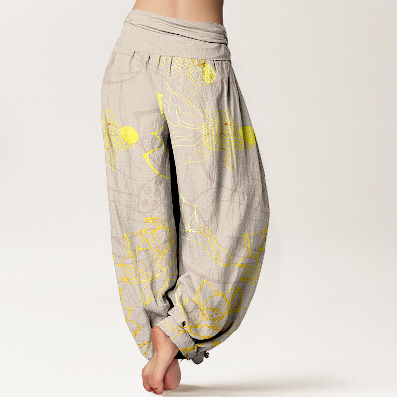 Buddha Stones Pure Cotton Lotus Leaf Koi Fish Women's Elastic Waist Harem Pants - image 9