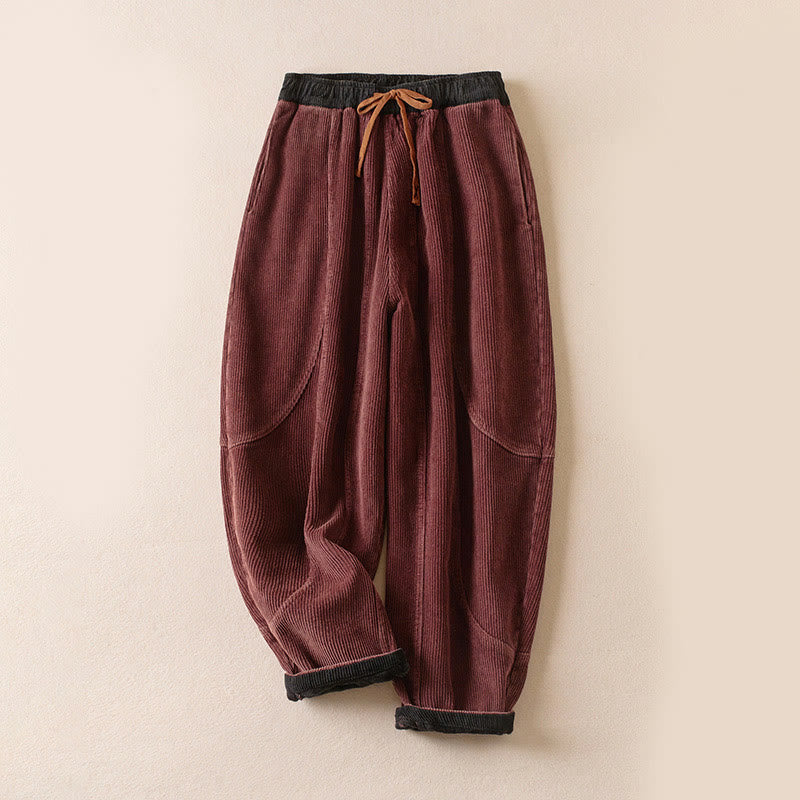 Buddha Stones Color Contrast Corduroy Cotton Women's Thermal Fleece-Lined Harem Pants With Pockets - Fleece-Lined Version - IndianRed - US16，UK/AU20，EU48 (3XL) - image 27