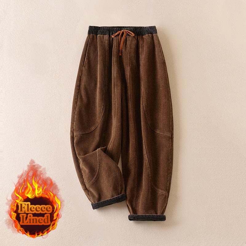 Buddha Stones Color Contrast Corduroy Cotton Women's Thermal Fleece-Lined Harem Pants With Pockets - image 15